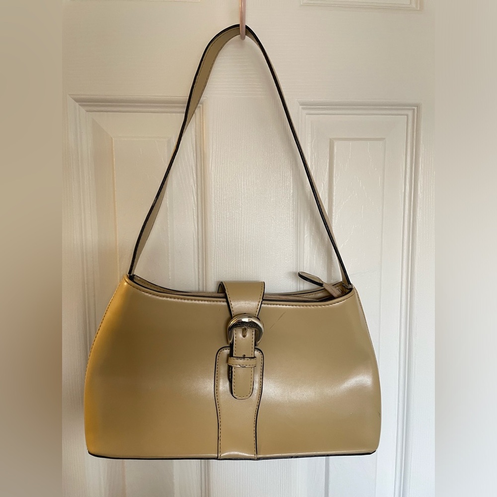 Cream Shoulder Bag with Structured Shape and Buckle Closure